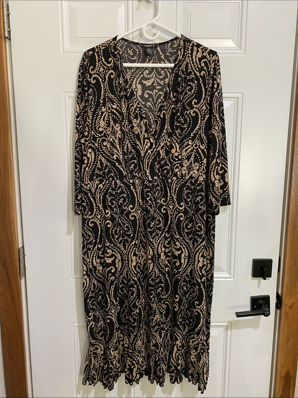 Glamour Black Dress with Beige Paisley Print, Long Sleeve Midi Wrap
